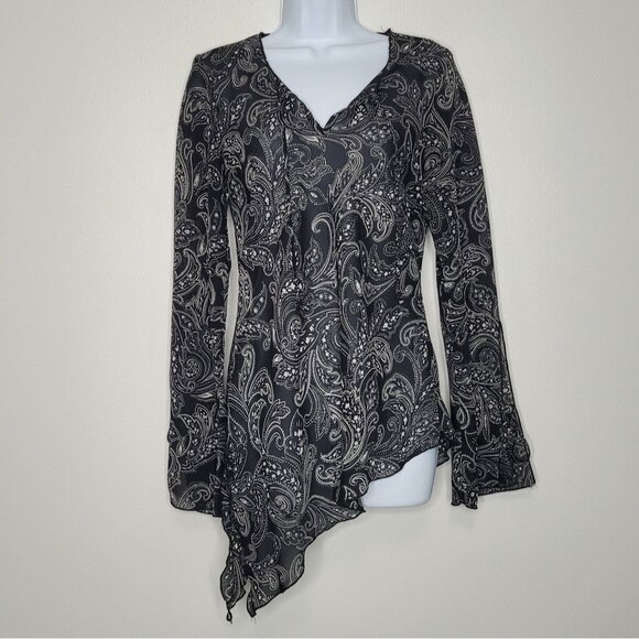 Vintage y2k dark paisley print fairy girlies asymmetrical v neck pullover blouse - Picture 1 of 8